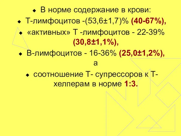 В норме содержание в крови: Т-лимфоцитов -(53,6±1,7)% (40-67%), «активных» Т -лимфоцитов