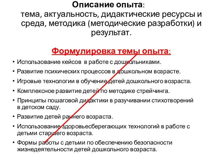 Описание опыта: тема, актуальность, дидактические ресурсы и среда, методика (методические разработки)