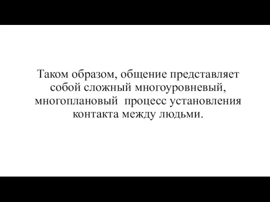 Таком образом, общение представляет собой сложный многоуровневый, многоплановый процесс установления контакта между людьми.