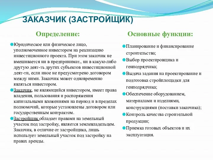 ЗАКАЗЧИК (ЗАСТРОЙЩИК) Определение: Основные функции: Юридическое или физическое лицо, уполномоченное инвестором