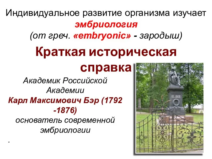 Краткая историческая справка Академик Российской Академии Карл Максимович Бэр (1792 -1876)