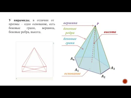 У пирамиды, в отличии от призмы – одно основание, есть боковые грани, вершина, боковые ребра, высота.