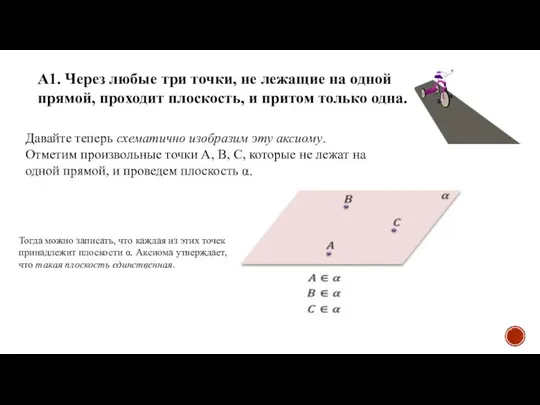 A1. Через любые три точки, не лежащие на одной прямой, проходит