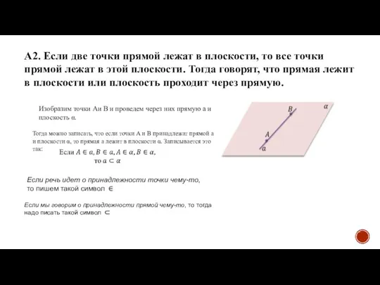 A2. Если две точки прямой лежат в плоскости, то все точки