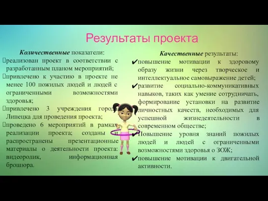 Количественные показатели: реализован проект в соответствии с разработанным планом мероприятий; привлечено