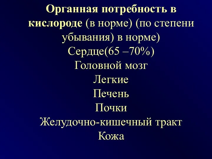 Органная потребность в кислороде (в норме) (по степени убывания) в норме)