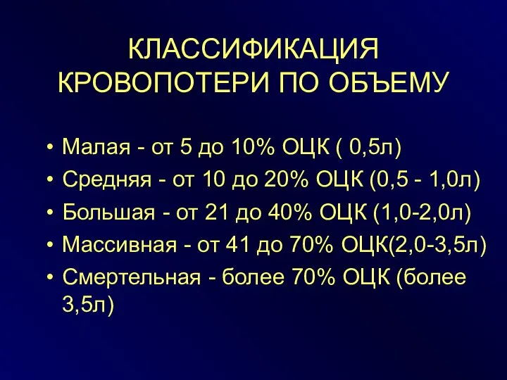 КЛАССИФИКАЦИЯ КРОВОПОТЕРИ ПО ОБЪЕМУ Малая - от 5 до 10% ОЦК