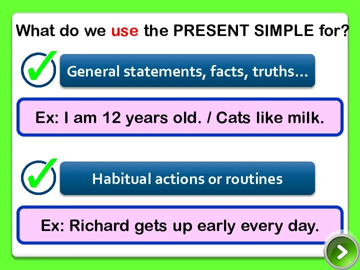 What do we use the PRESENT SIMPLE for? Ex: I am