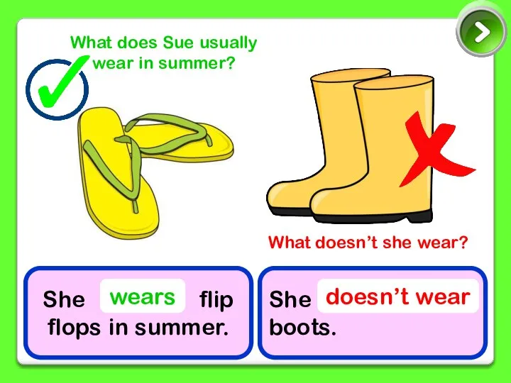 She flip flops in summer. She boots. wears doesn’t wear What