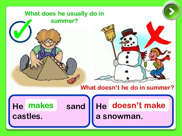 He sand castles. He a snowman. makes doesn’t make What doesn’t