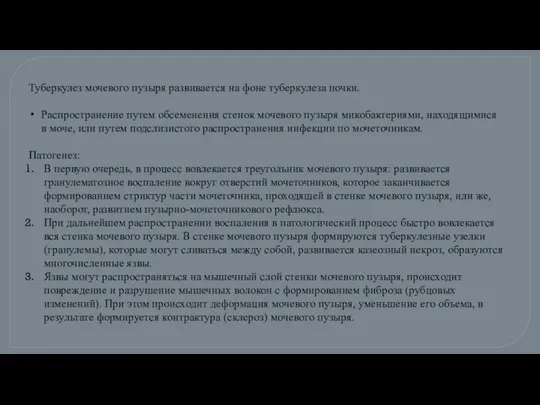 Туберкулез мочевого пузыря развивается на фоне туберкулеза почки. Распространение путем обсеменения