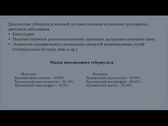 Диагностика туберкулеза мочевой системы основана на наличии достоверных признаков заболевания Бациллурия