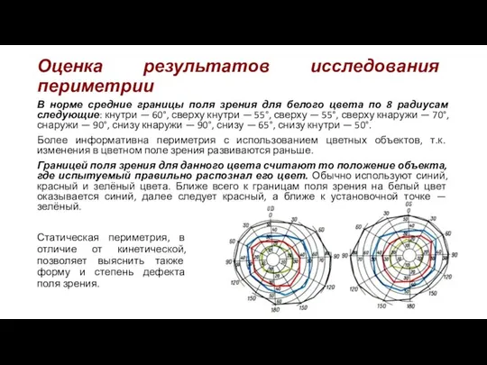 Оценка результатов исследования периметрии В норме средние границы поля зрения для