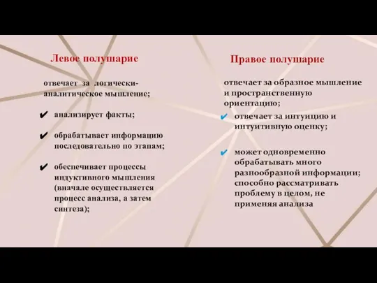 Левое полушарие отвечает за логически- аналитическое мышление; анализирует факты; обрабатывает информацию