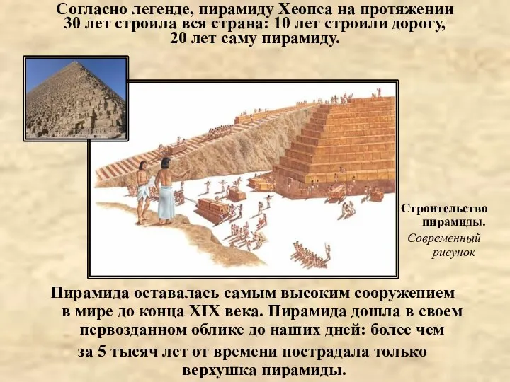 Согласно легенде, пирамиду Хеопса на протяжении 30 лет строила вся страна: