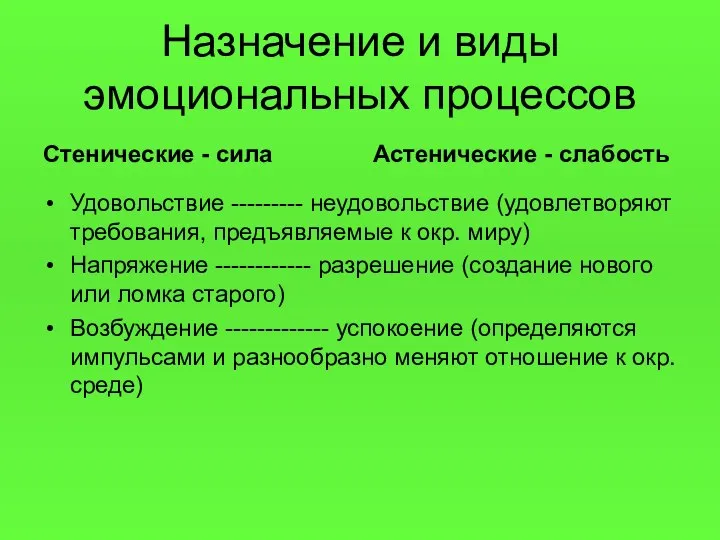 Назначение и виды эмоциональных процессов Стенические - сила Удовольствие --------- неудовольствие