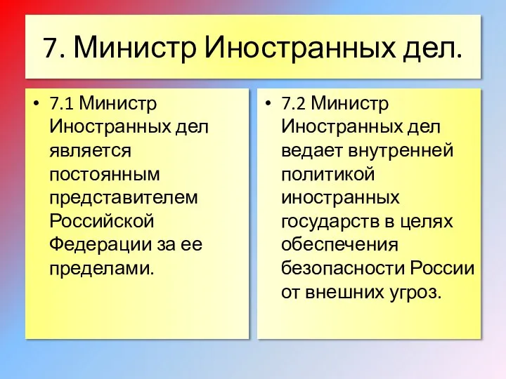 7. Министр Иностранных дел. 7.1 Министр Иностранных дел является постоянным представителем