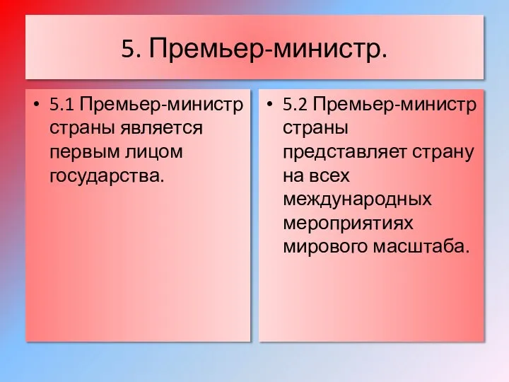 5. Премьер-министр. 5.1 Премьер-министр страны является первым лицом государства. 5.2 Премьер-министр