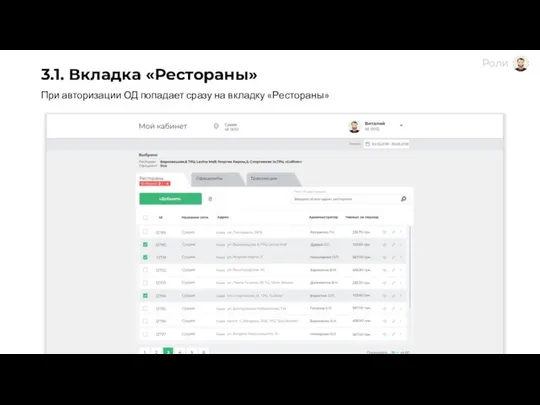 3.1. Вкладка «Рестораны» При авторизации ОД попадает сразу на вкладку «Рестораны»