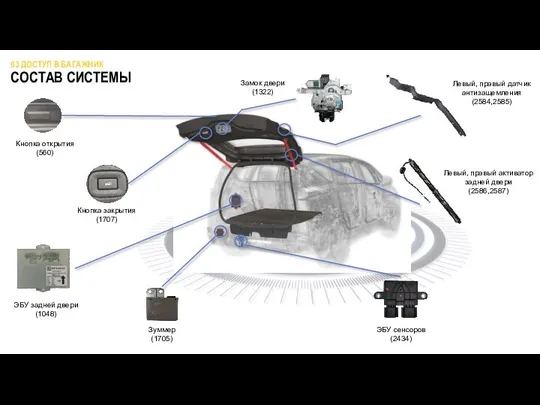 03 ДОСТУП В БАГАЖНИК СОСТАВ СИСТЕМЫ Кнопка закрытия (1707) Левый, правый