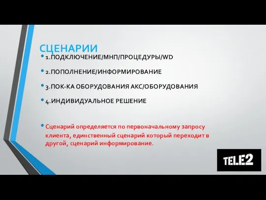 СЦЕНАРИИ 1.ПОДКЛЮЧЕНИЕ/МНП/ПРОЦЕДУРЫ/WD 2.ПОПОЛНЕНИЕ/ИНФОРМИРОВАНИЕ 3.ПОК-КА ОБОРУДОВАНИЯ АКС/ОБОРУДОВАНИЯ 4.ИНДИВИДУАЛЬНОЕ РЕШЕНИЕ Сценарий определяется по