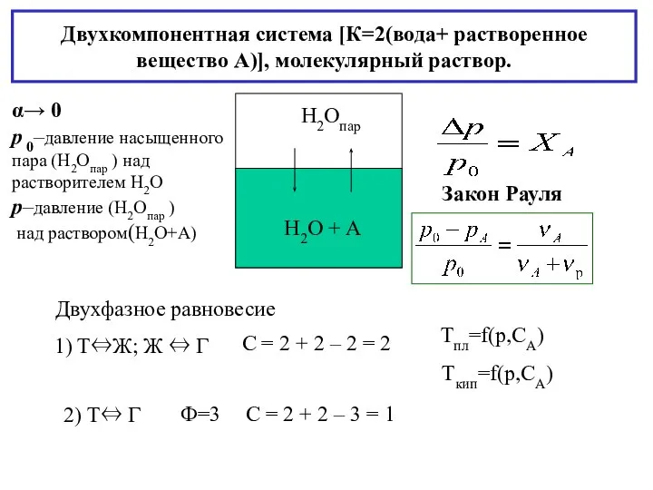 Двухкомпонентная система [К=2(вода+ растворенное вeщество А)], молекулярный раствор. α→ 0 p