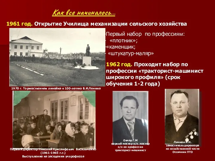 Как все начиналось… 1961 год. Открытие Училища механизации сельского хозяйства 1970