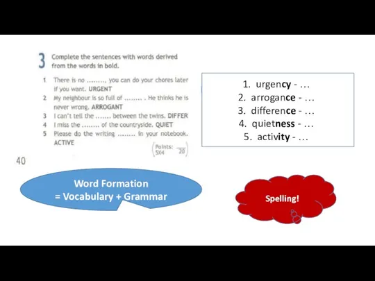 Word Formation = Vocabulary + Grammar Spelling! urgency - … arrogance