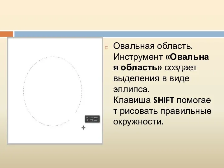 Овальная область. Инструмент «Овальная область» создает выделения в виде эллипса. Клавиша SHIFT помогает рисовать правильные окружности.