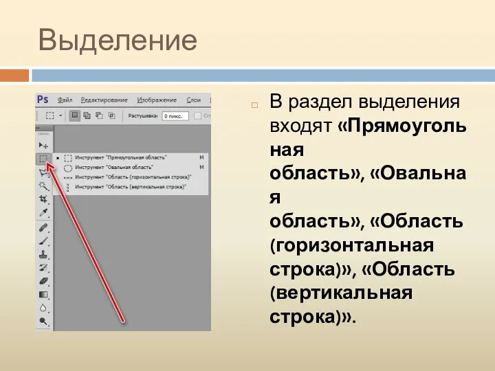 Выделение В раздел выделения входят «Прямоугольная область», «Овальная область», «Область (горизонтальная строка)», «Область (вертикальная строка)».