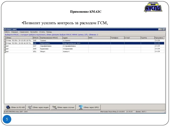 Применение КМАЗС 5 Позволит усилить контроль за расходом ГСМ, предотвратить их