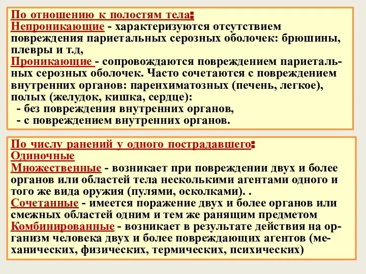 По отношению к полостям тела: Непроникающие - характеризуются отсутствием повреждения париетальных