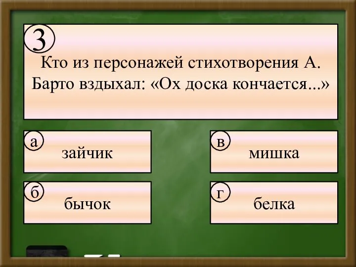 Кто из персонажей стихотворения А. Барто вздыхал: «Ох доска кончается...» зайчик