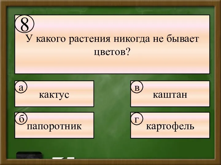 У какого растения никогда не бывает цветов? кактус каштан папоротник картофель а б в г 8