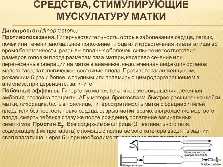 СРЕДСТВА, СТИМУЛИРУЮЩИЕ МУСКУЛАТУРУ МАТКИ Динопростон (dinoprostonе) Противопоказания. Гиперчувствительность, острые заболевания сердца,