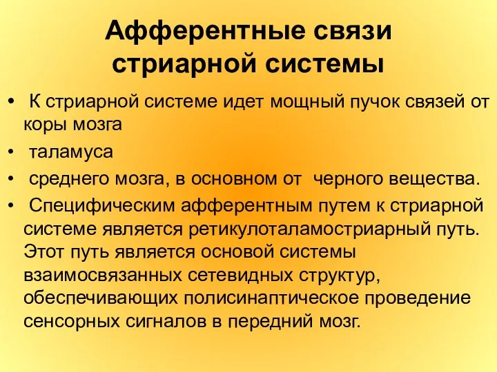 Афферентные связи стриарной системы К стриарной системе идет мощный пучок связей