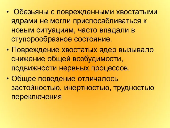 Обезьяны с поврежденными хвостатыми ядрами не могли приспосабливаться к новым ситуациям,