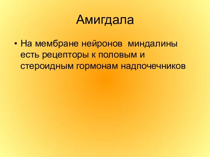 Амигдала На мембране нейронов миндалины есть рецепторы к половым и стероидным гормонам надпочечников