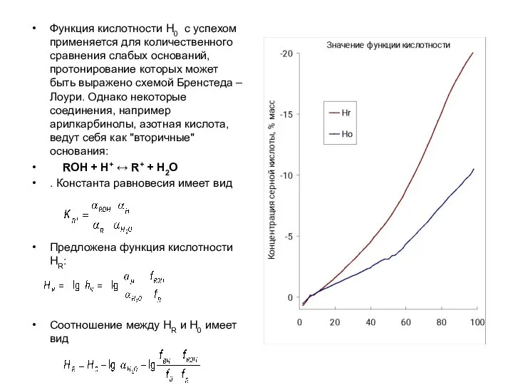 Функция кислотности Н0 с успехом применяется для количественного сравнения слабых оснований,