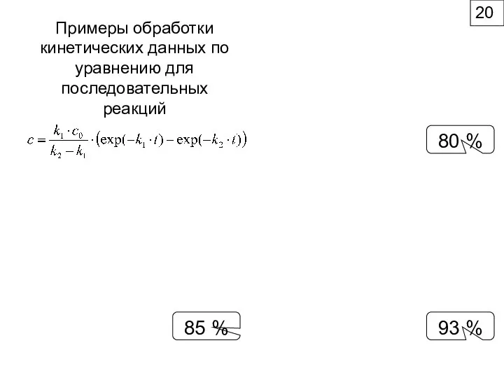 Примеры обработки кинетических данных по уравнению для последовательных реакций 80 % 85 % 93 % 20