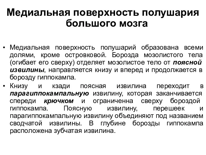 Медиальная поверхность полушария большого мозга Медиальная поверхность полушарий образована всеми долями,