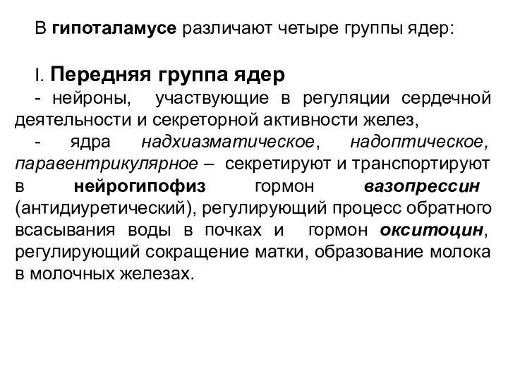 В гипоталамусе различают четыре группы ядер: I. Передняя группа ядер -