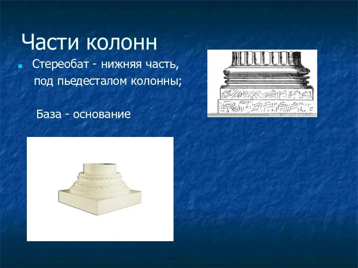 Части колонн Стереобат - нижняя часть, под пьедесталом колонны; База - основание