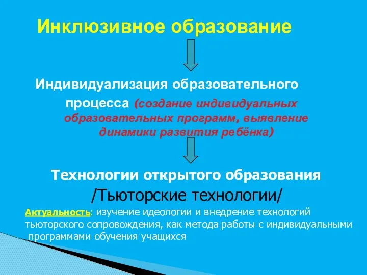 Инклюзивное образование Индивидуализация образовательного процесса (создание индивидуальных образовательных программ, выявление динамики