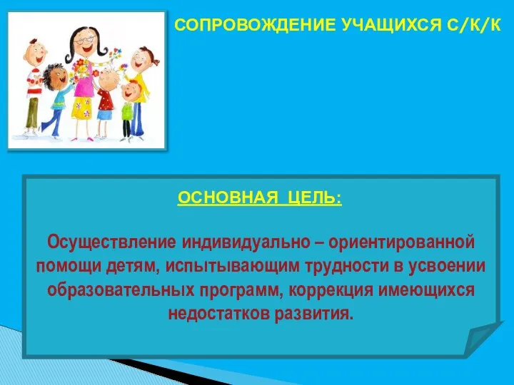 СОПРОВОЖДЕНИЕ УЧАЩИХСЯ С/К/К Осуществление индивидуально – ориентированной помощи детям, испытывающим трудности