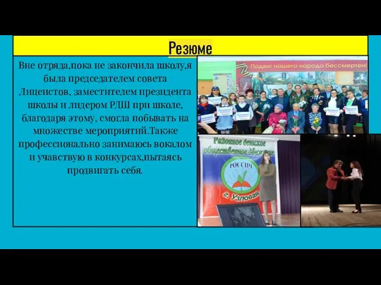 Резюме Вне отряда,пока не закончила школу,я была председателем совета Лицеистов, заместителем