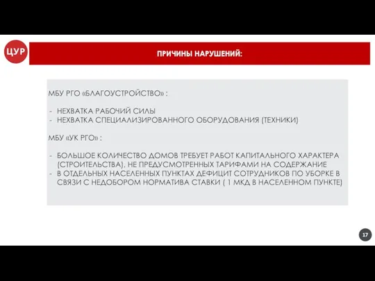 ПРИЧИНЫ НАРУШЕНИЙ: МБУ РГО «БЛАГОУСТРОЙСТВО» : НЕХВАТКА РАБОЧИЙ СИЛЫ НЕХВАТКА СПЕЦИАЛИЗИРОВАННОГО