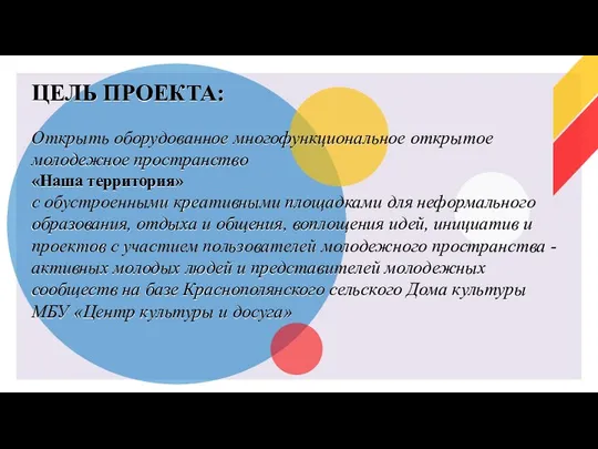 ЦЕЛЬ ПРОЕКТА: Открыть оборудованное многофункциональное открытое молодежное пространство «Наша территория» с