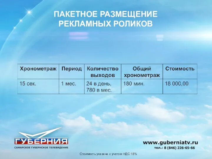 ПАКЕТНОЕ РАЗМЕЩЕНИЕ РЕКЛАМНЫХ РОЛИКОВ Стоимость указана с учетом НДС 18%