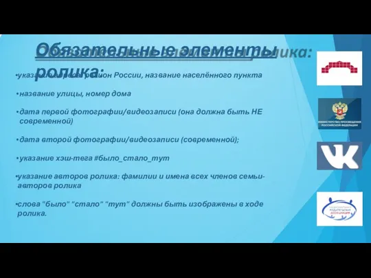 Обязательные элементы ролика: указание адреса: регион России, название населённого пункта название